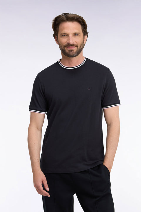 T-shirt manches courtes en coton noir à bords-côtes rayés coupe droite - Image 3
