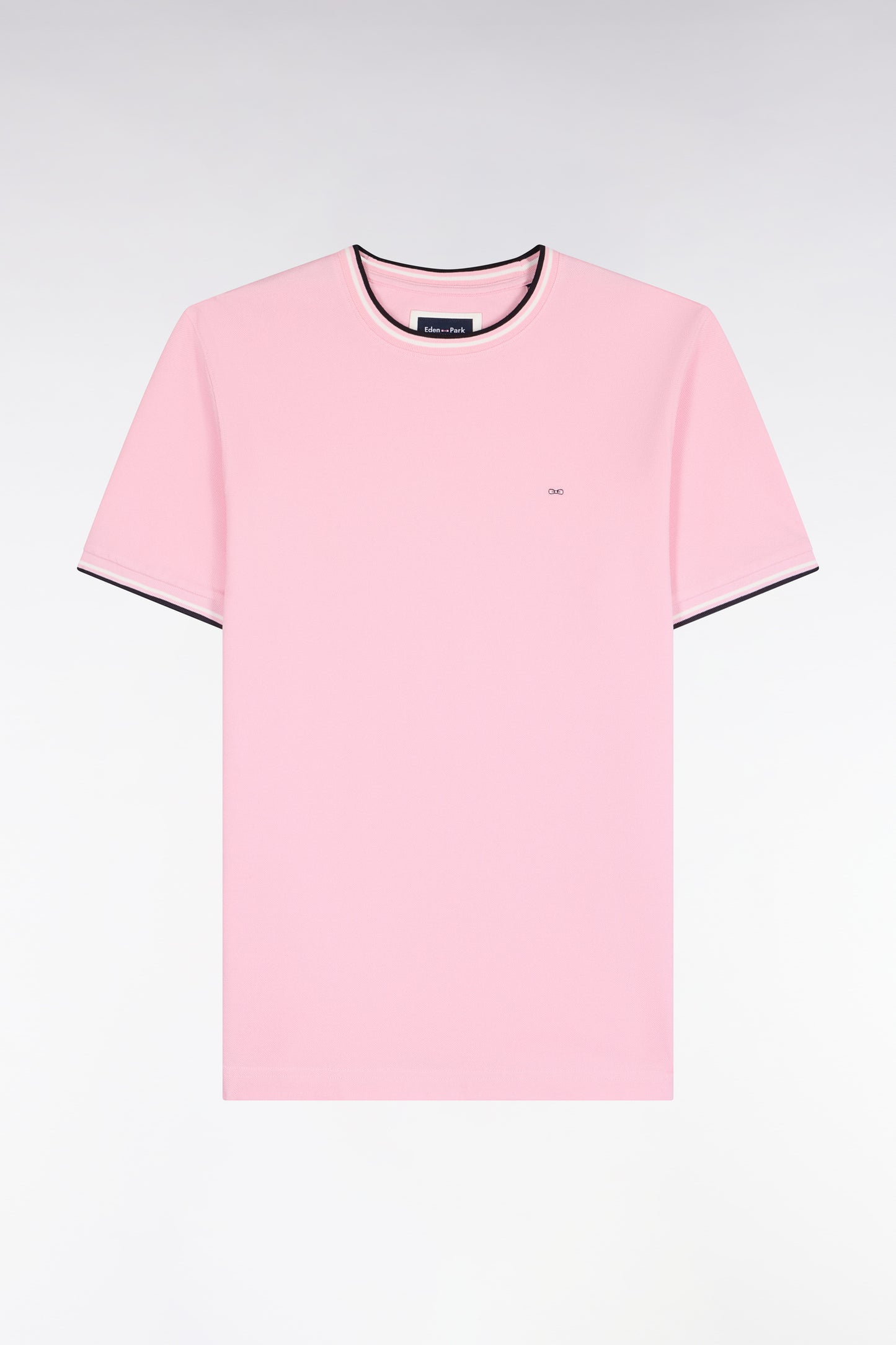 T-shirt manches courtes en coton rose à bords-côtes rayés coupe droite