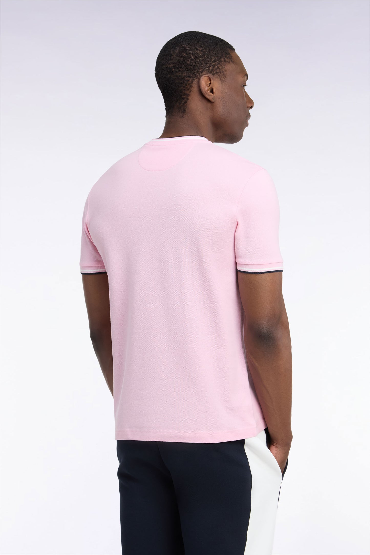 T-shirt manches courtes en coton rose à bords-côtes rayés coupe droite