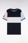 T-shirt manches courtes en coton marine à découpes contrastées coupe droite