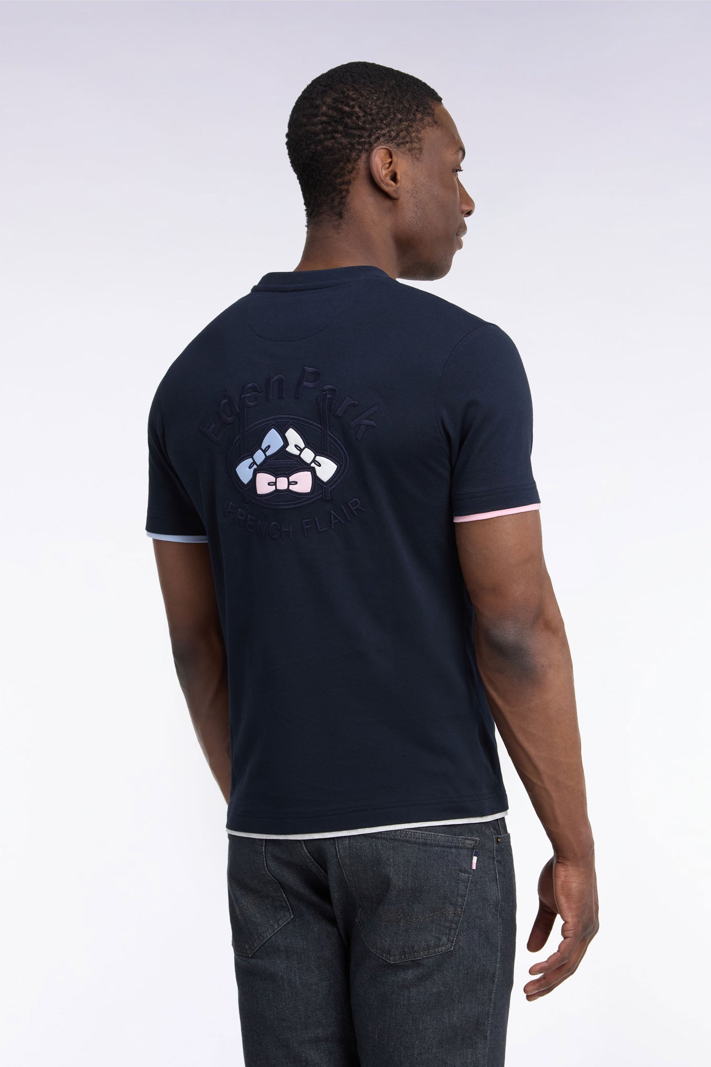 T-shirt manches courtes en coton marine sérigraphie dos coupe droite
