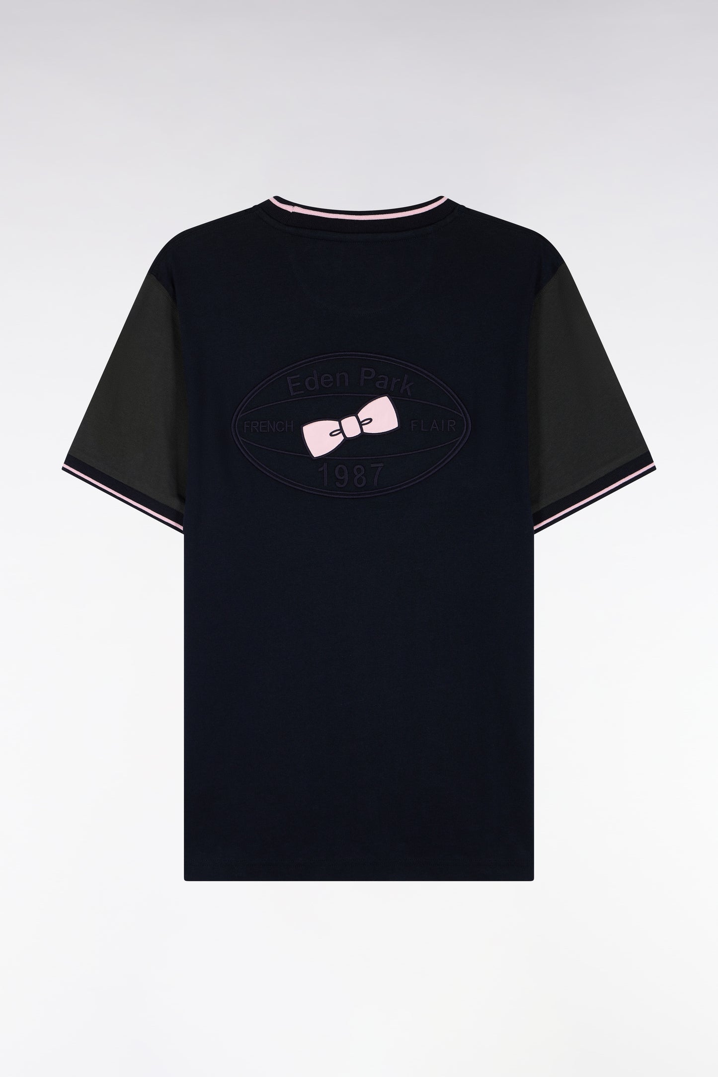 T-shirt manches courtes marine à manches marron coupe droite