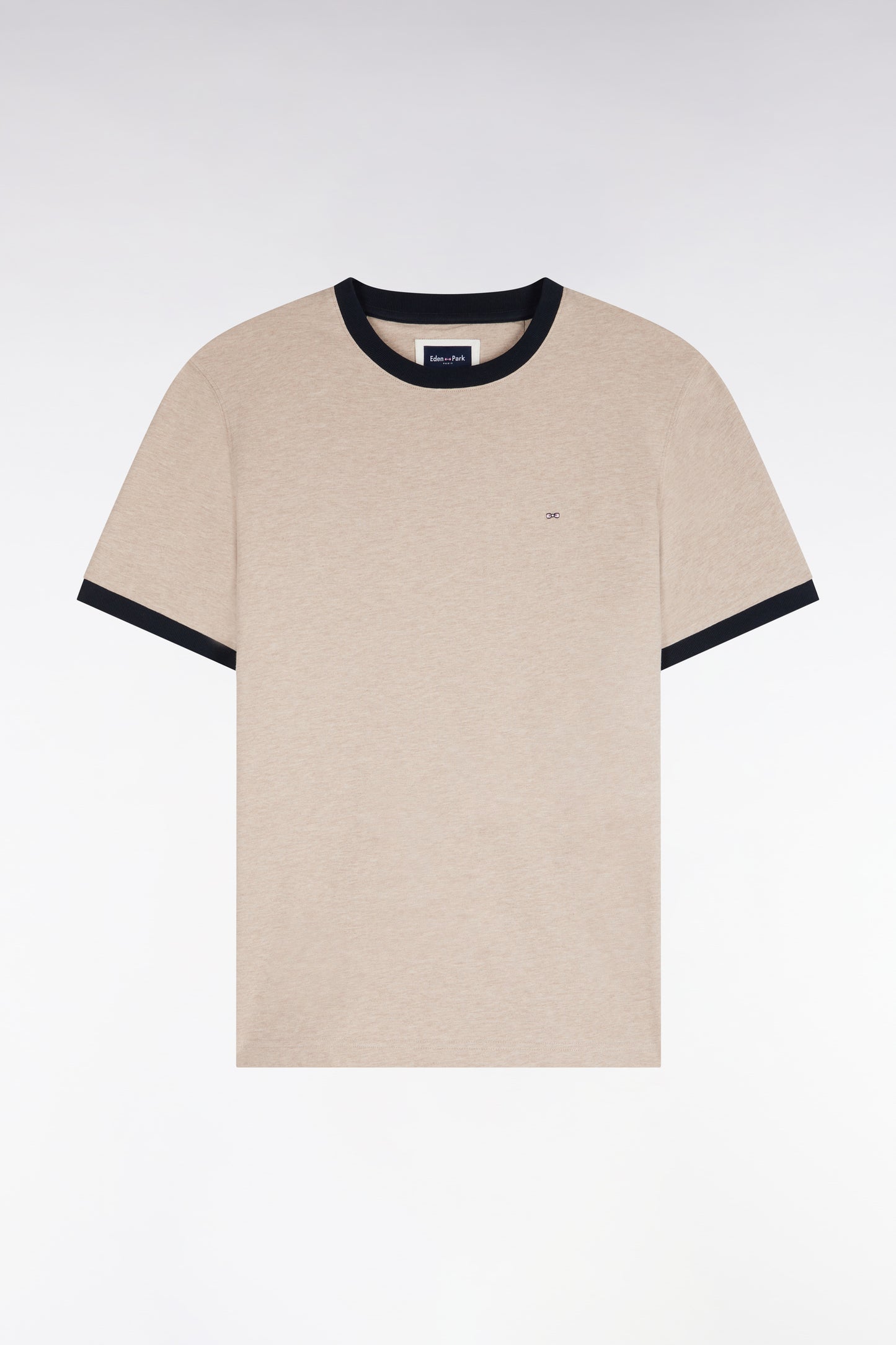 T-shirt manches courtes en coton beige bords-côtes marine coupe droite