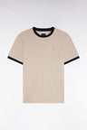 T-shirt manches courtes en coton beige bords-côtes marine coupe droite
