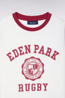 T-shirt manches courtes en coton écru sérigraphie rugby rouge coupe droite
