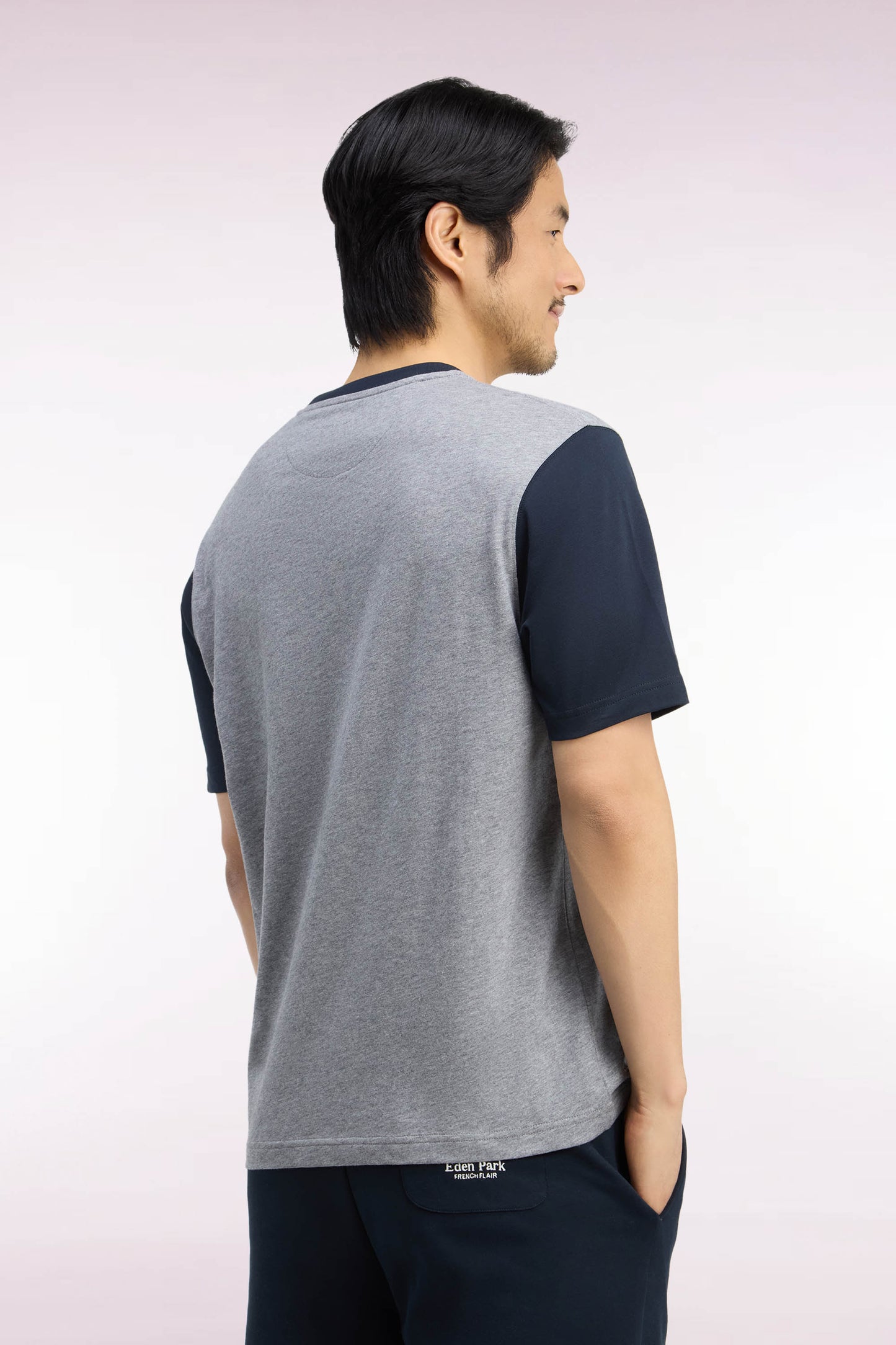 T-shirt manches courtes en coton marine et gris sérigraphié coupe droite