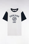 Short-sleeved two-tone t-shirt in ecru screen-printed cotton, straight cut