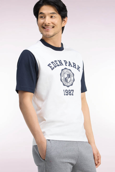 T-shirt manches courtes bicolore en coton écru sérigraphié coupe droite - Image 1