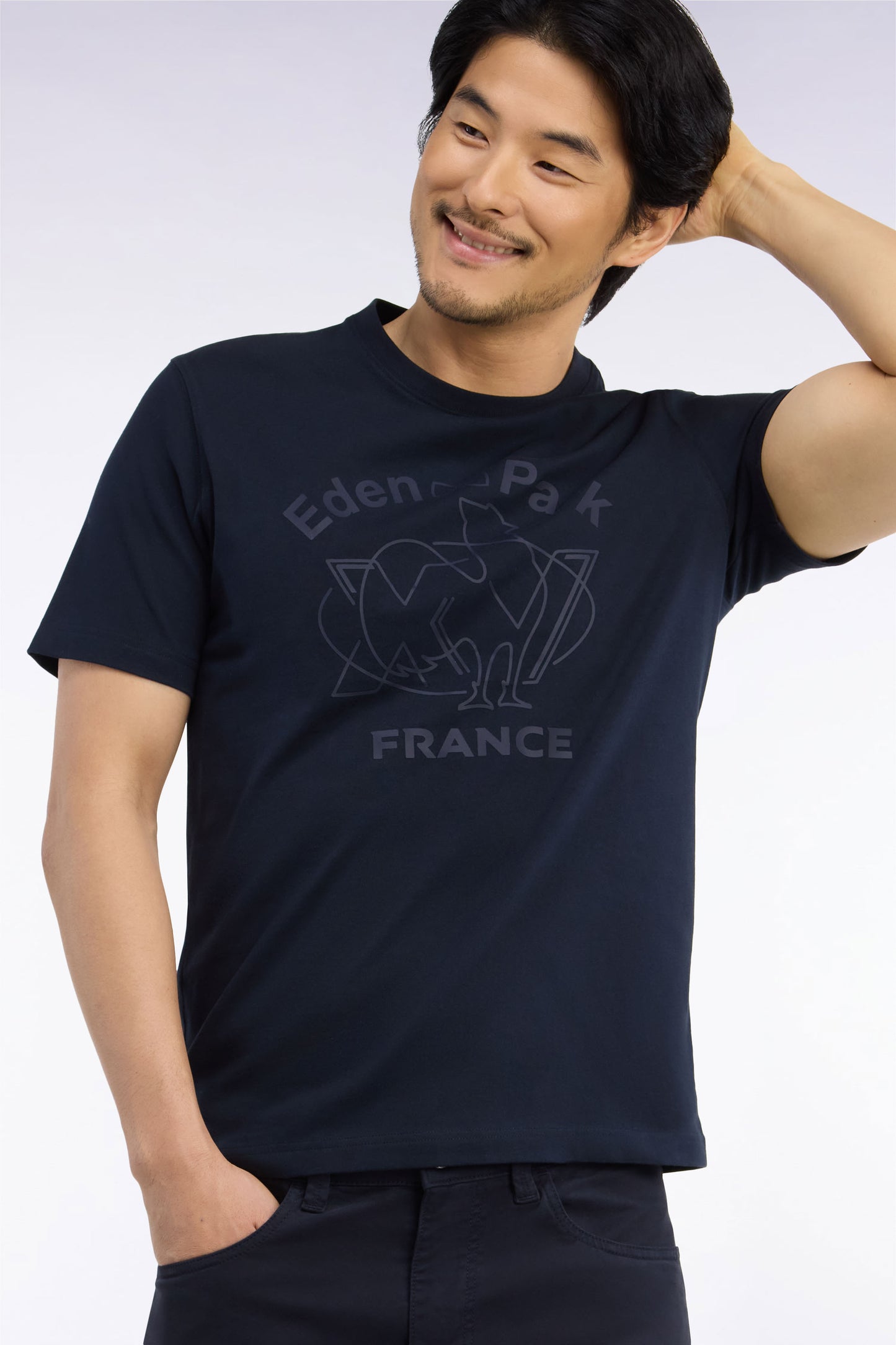 T-shirt manches courtes en coton marine sérigraphie XV de France coupe droite