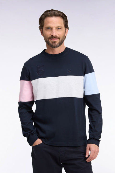 T-shirt manches longues en coton marine à découpes coupe droite - Image 3