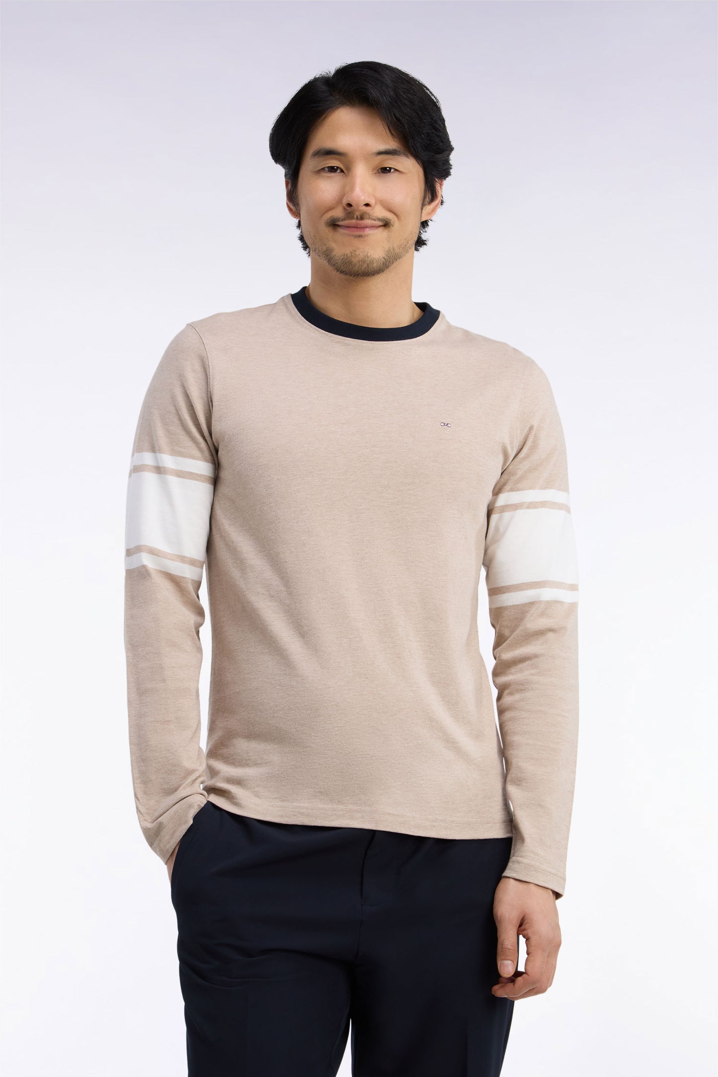 T-shirt manches longues en coton peigné beige coupe droite
