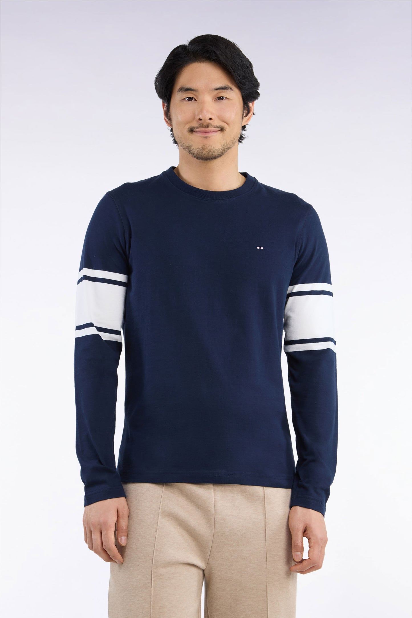 T-shirt manches longues en coton peigné marine coupe droite