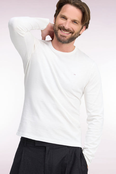 T-shirt manches longues en coton écru coupe ajustée - Image 1