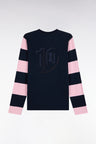 Long-sleeved T-shirt in navy cotton with striped sleeves, straight cut