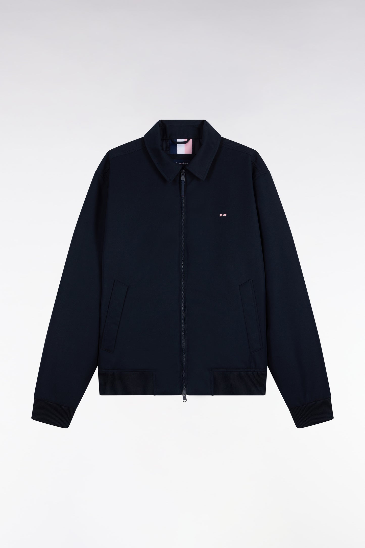 Blouson en nylon marine à bords-côtes coupe droite