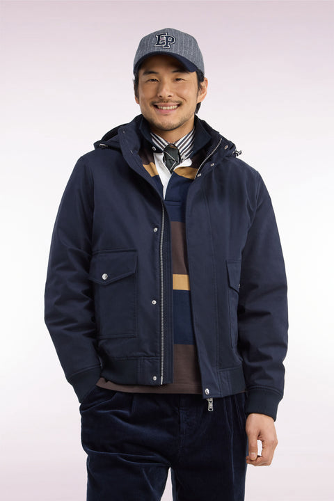 Blouson bimatière marine à capuche amovible coupe droite - Image 3