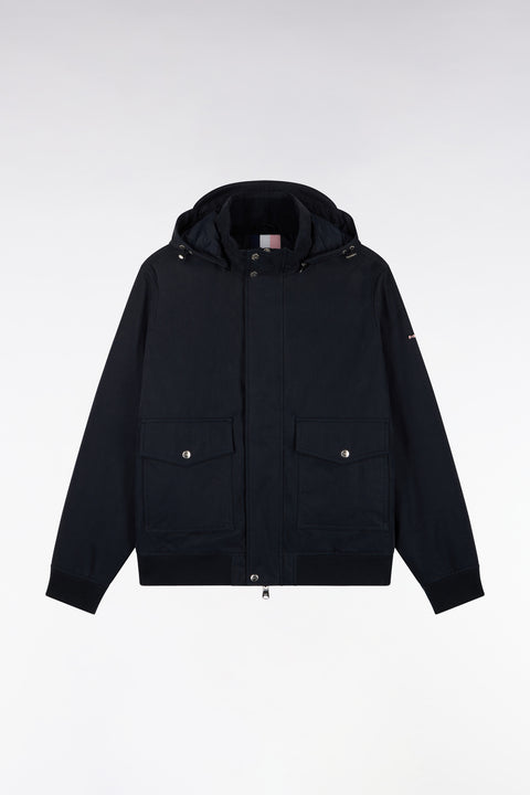 Blouson bimatière marine à capuche amovible coupe droite - Image 2