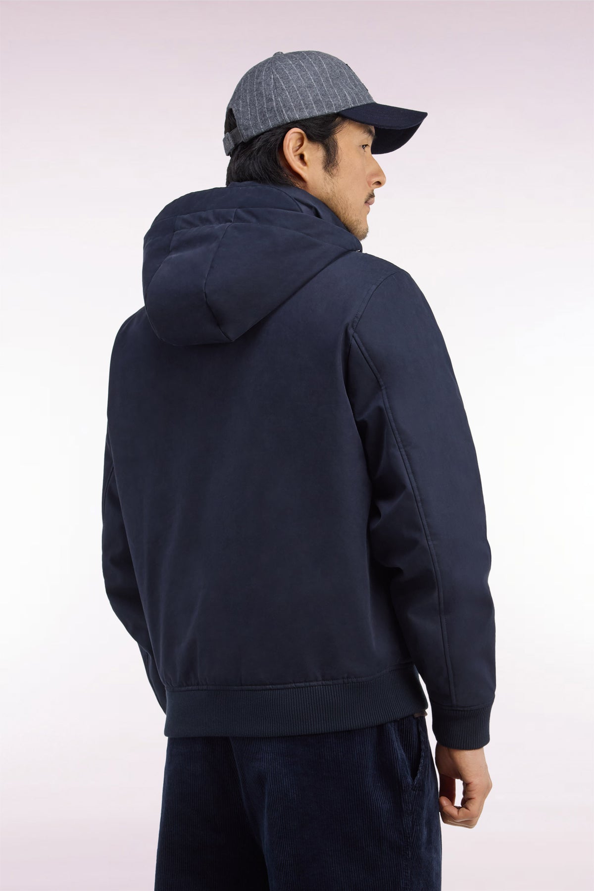 Blouson bimatière marine à capuche amovible coupe droite