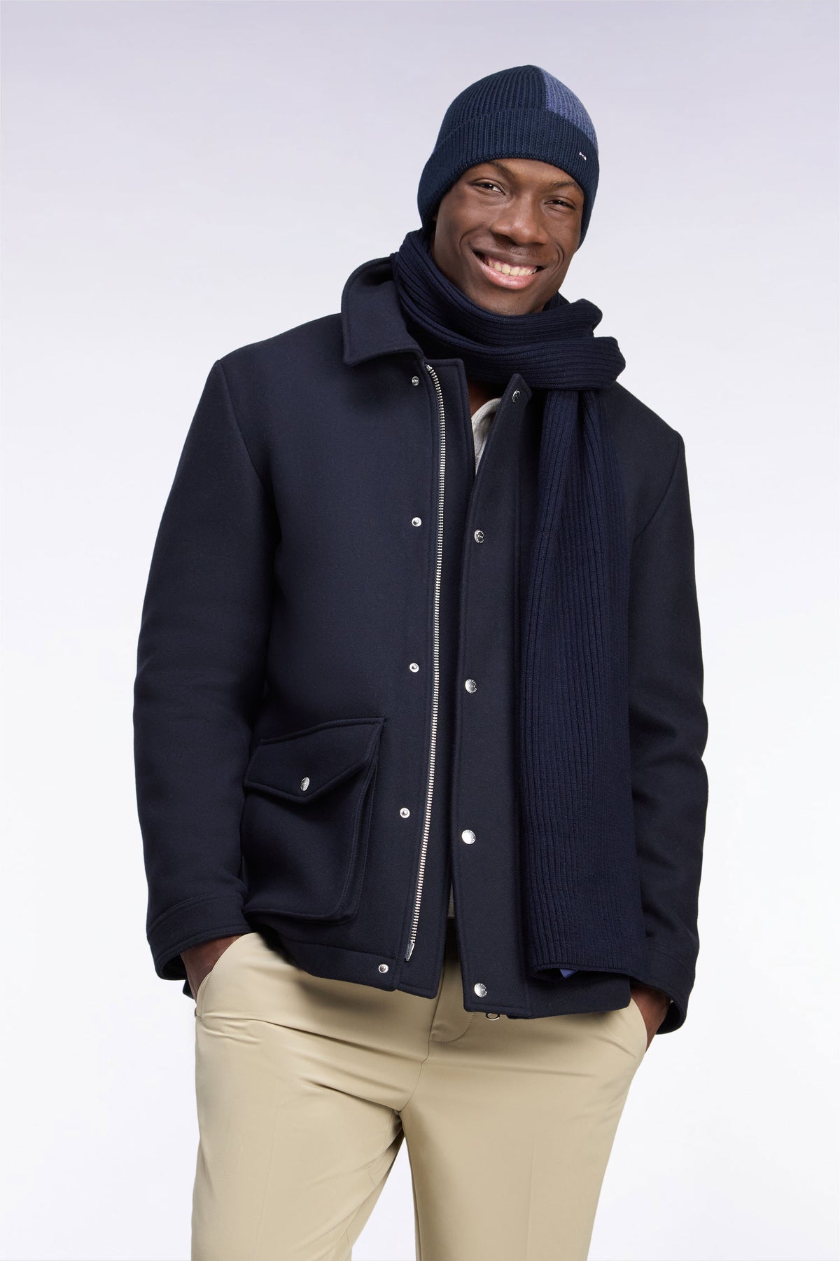 Short straight cut navy flannel parka