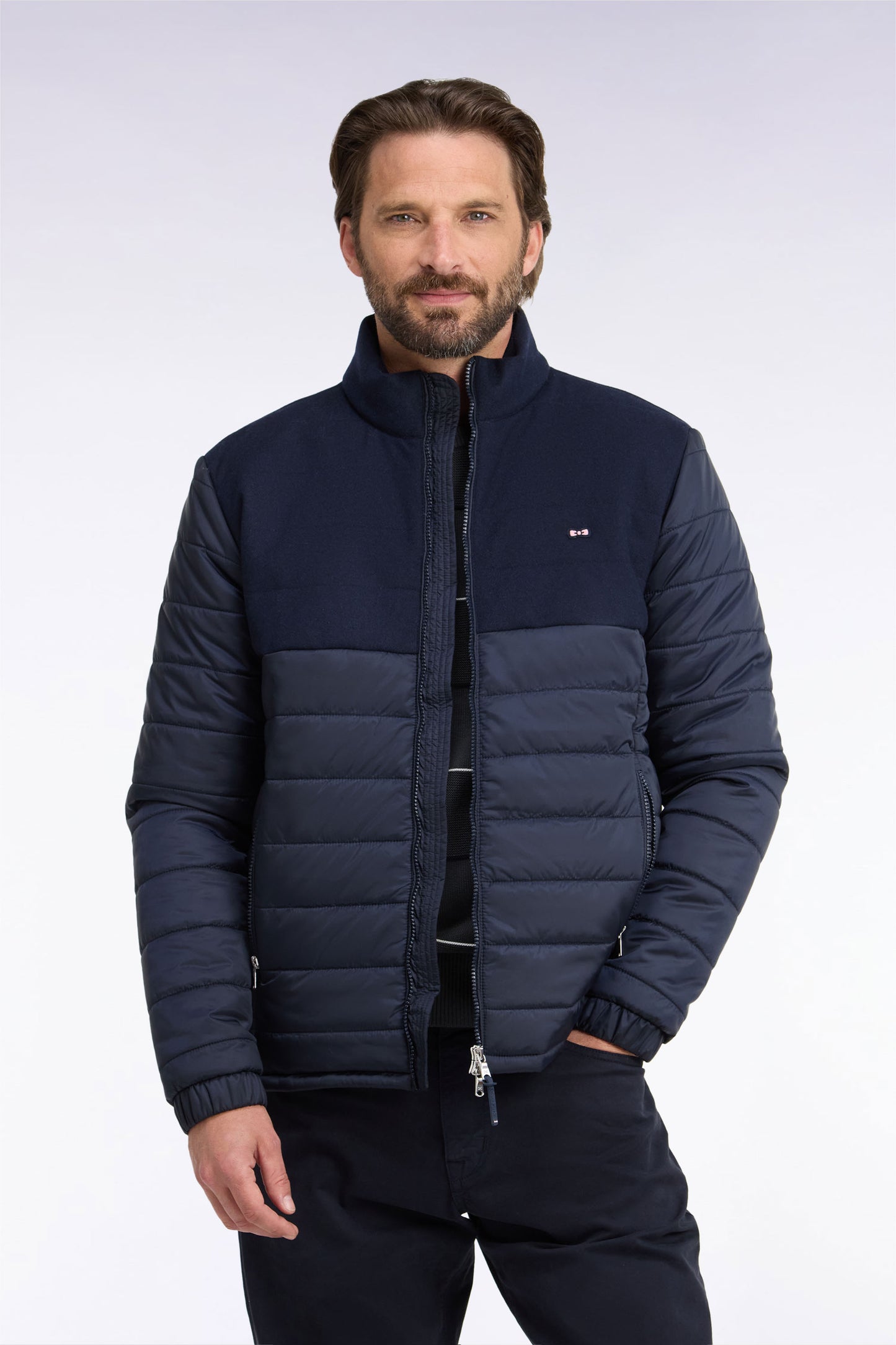 Doudoune bimatière en nylon et flanelle marine
