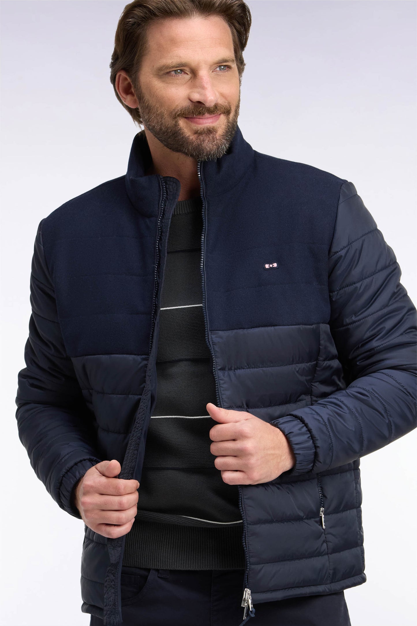 Doudoune bimatière en nylon et flanelle marine