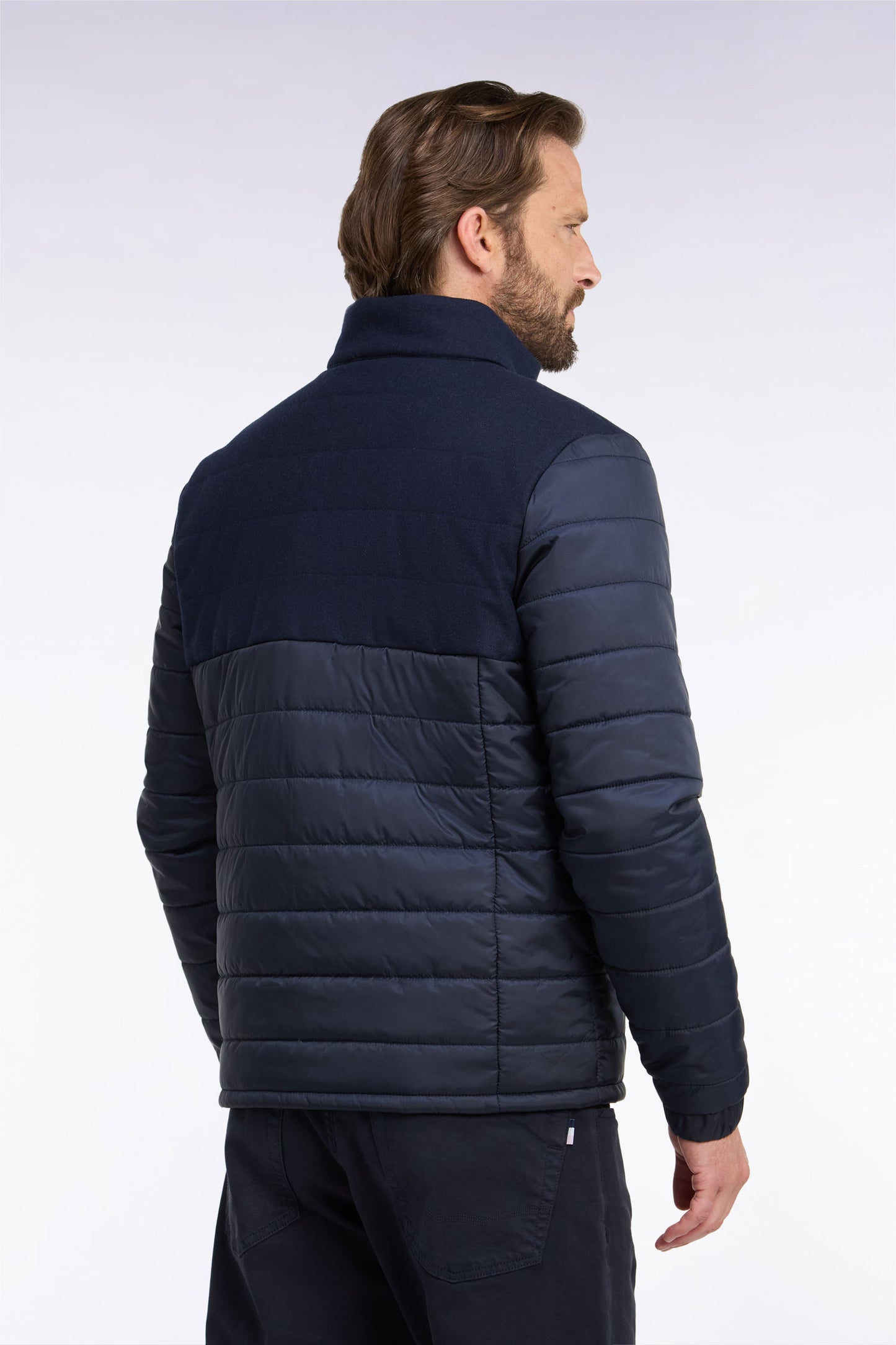 Doudoune bimatière en nylon et flanelle marine