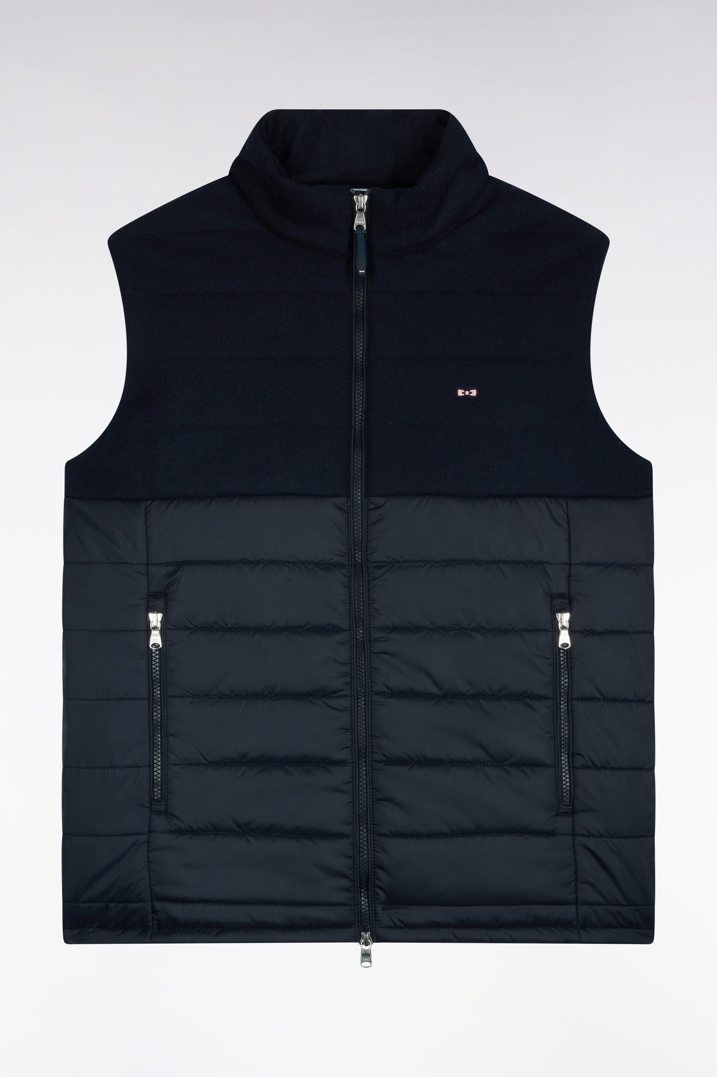 Doudoune sans manches bimatière en nylon et flanelle marine