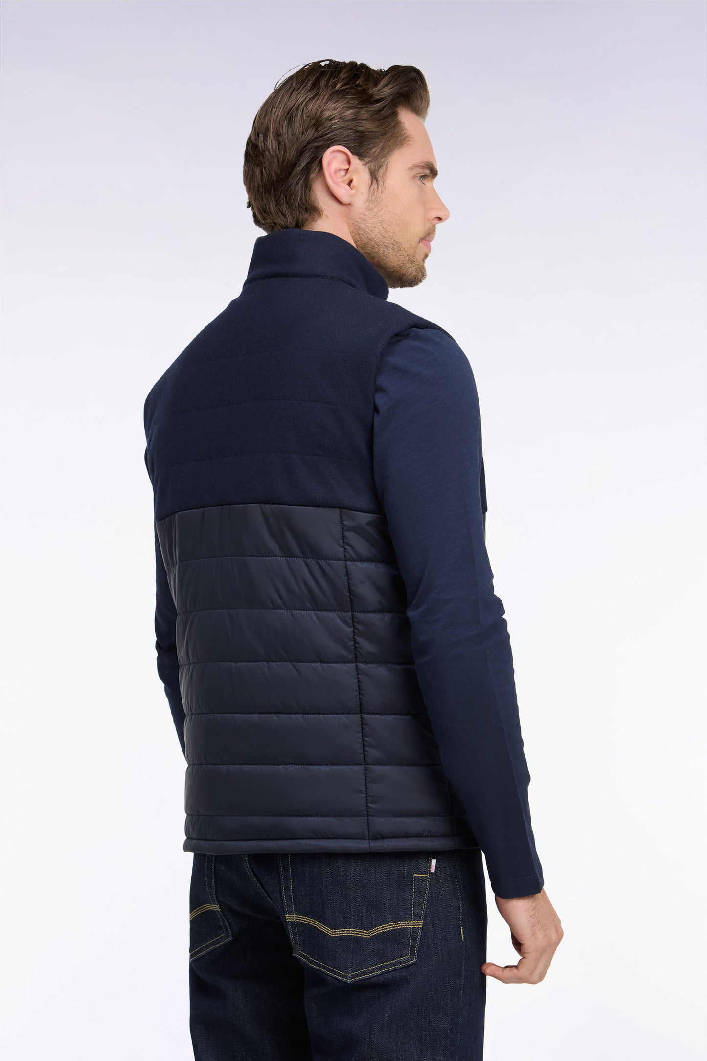 Doudoune sans manches bimatière en nylon et flanelle marine