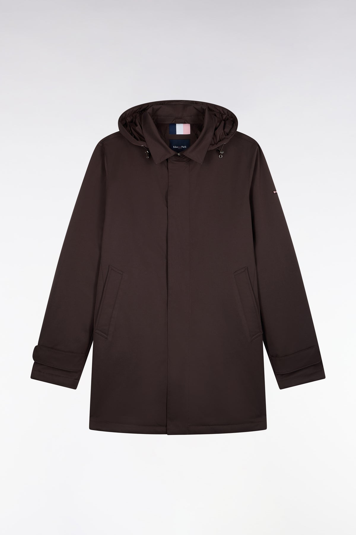 Brown nylon raincoat with removable hood