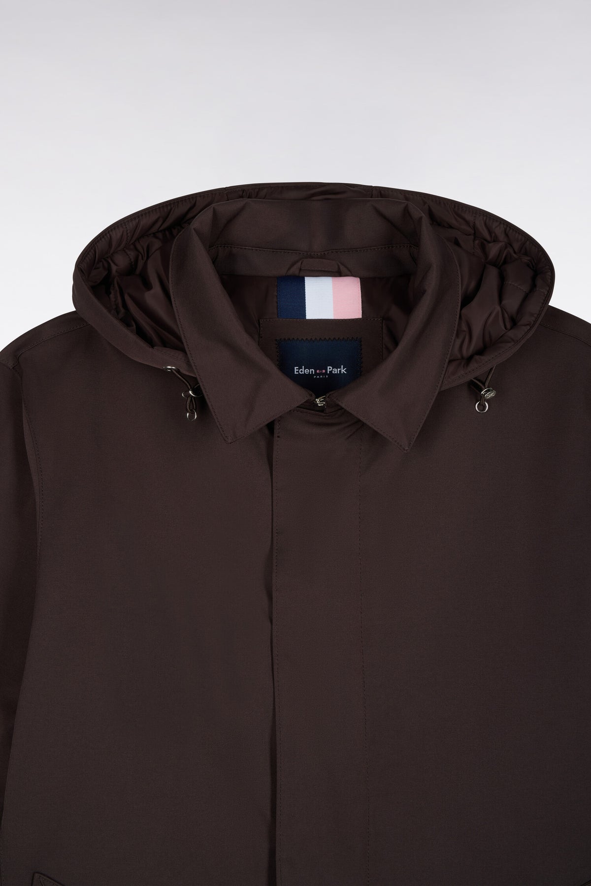 Brown nylon raincoat with removable hood