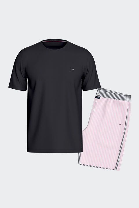 Ensemble pyjama court en coton T-shirt marine et short à rayures bâtons marine et roses - Image 1