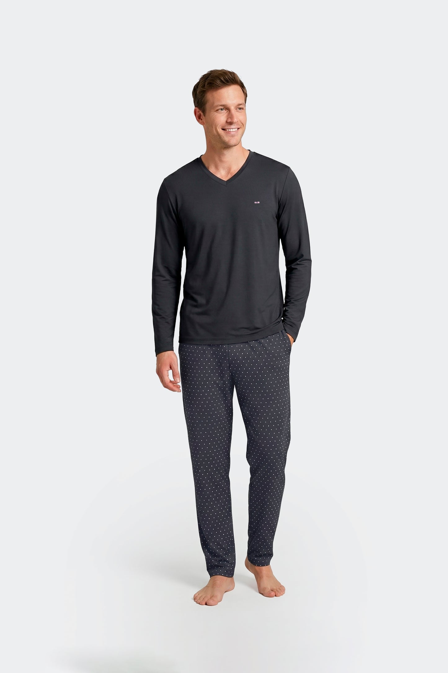 Ensemble pyjama long en coton T-shirt uni marine et pantalon imprimé pois