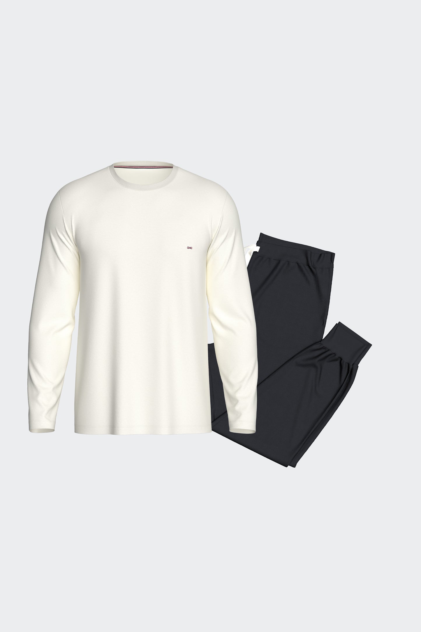 Ensemble pyjama long en coton T-shirt uni écru et pantalon marine