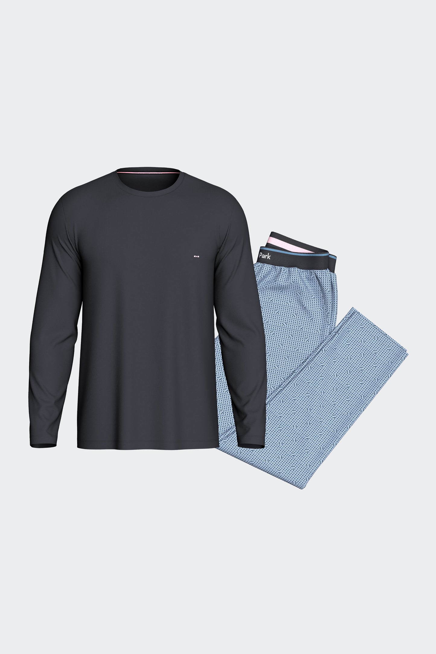Ensemble pyjama long en coton T-shirt uni et pantalon à micromotifs pois bleu