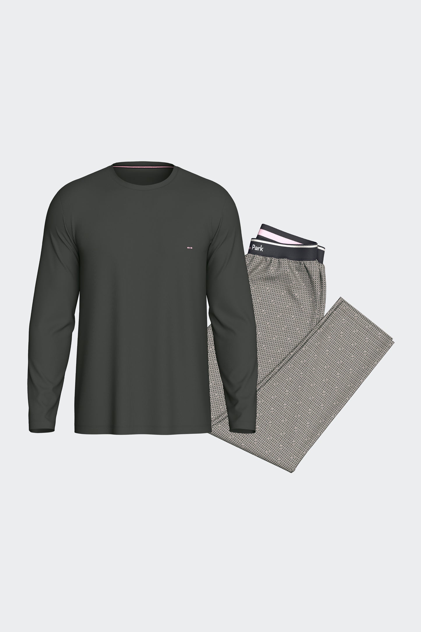 Ensemble pyjama long en coton T-shirt uni et pantalon à micromotifs pois kaki