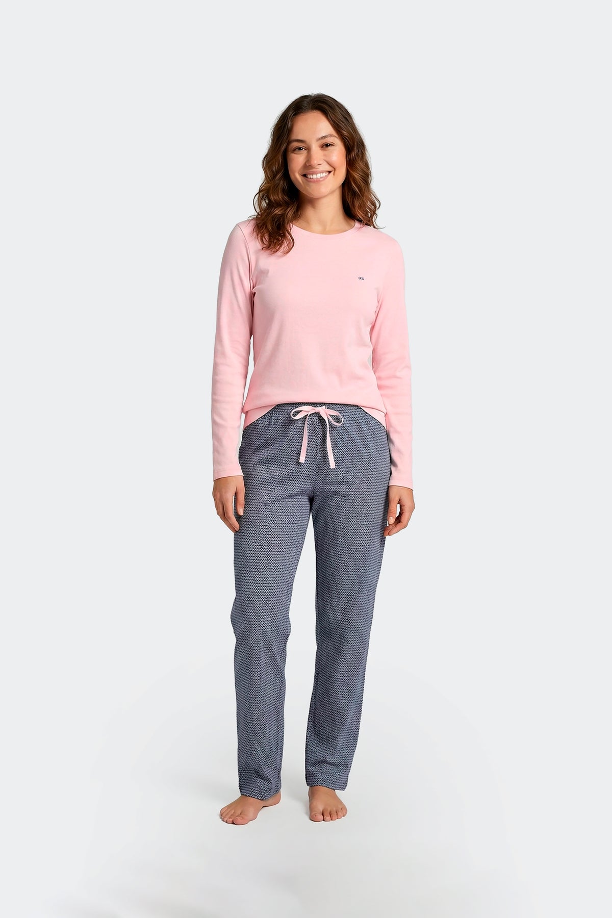 Ensemble pyjama long en coton rose et marine imprimé fantaisie