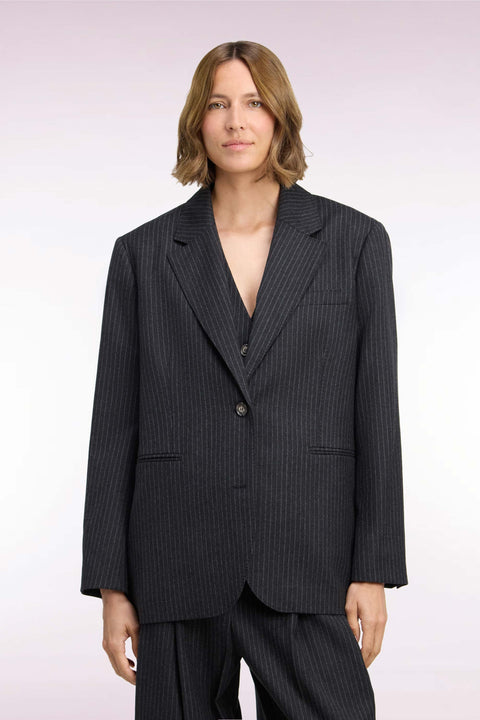 Veste blazer à manches rayées en laine stretch noir coupe oversized - Image 3
