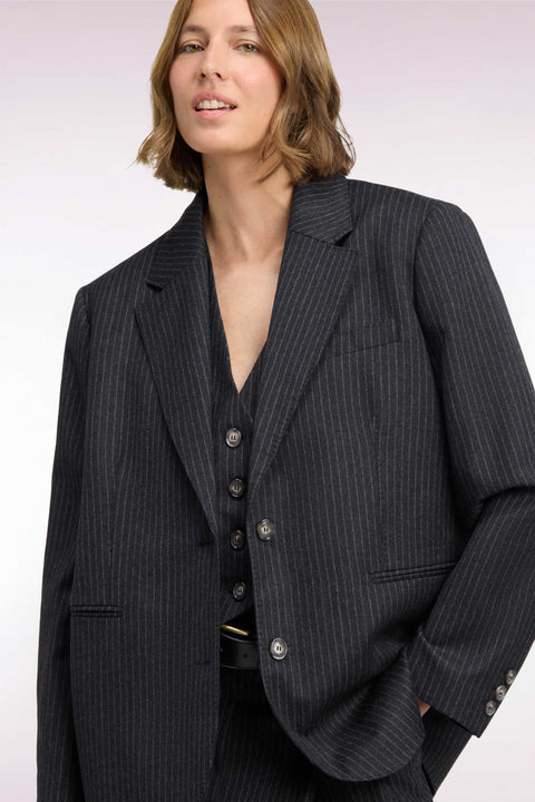 Veste blazer à manches rayées en laine stretch noir coupe oversized - Image 1