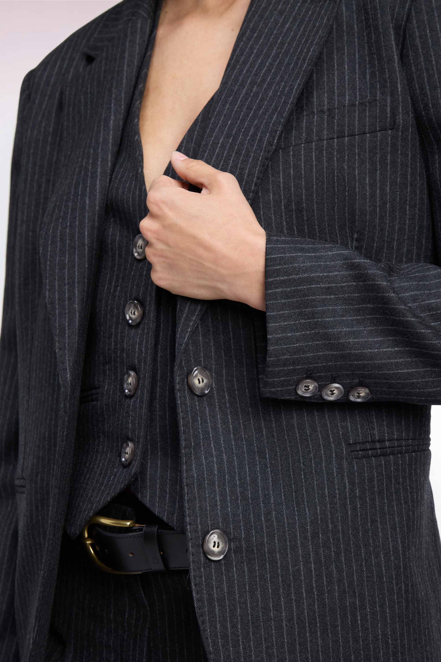 Veste blazer à manches rayées en laine stretch noir coupe oversized