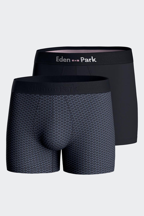 Set of 2 dark blue stretch cotton boxers with graphic micro patterns - Image 1