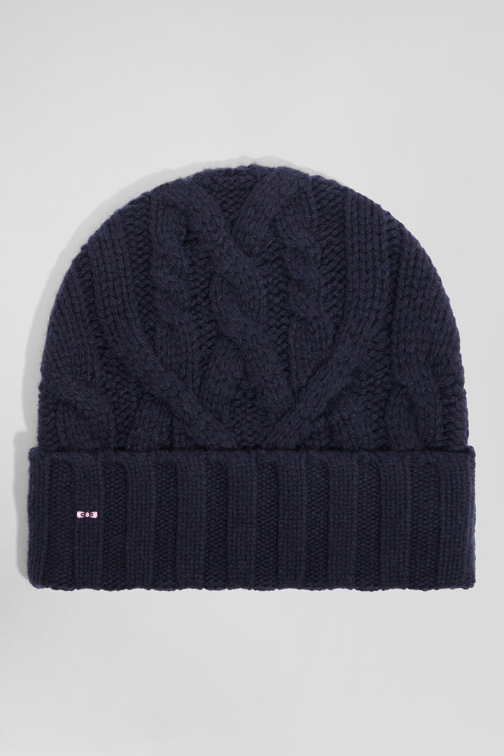 Navy blue cable knitted wool beanie