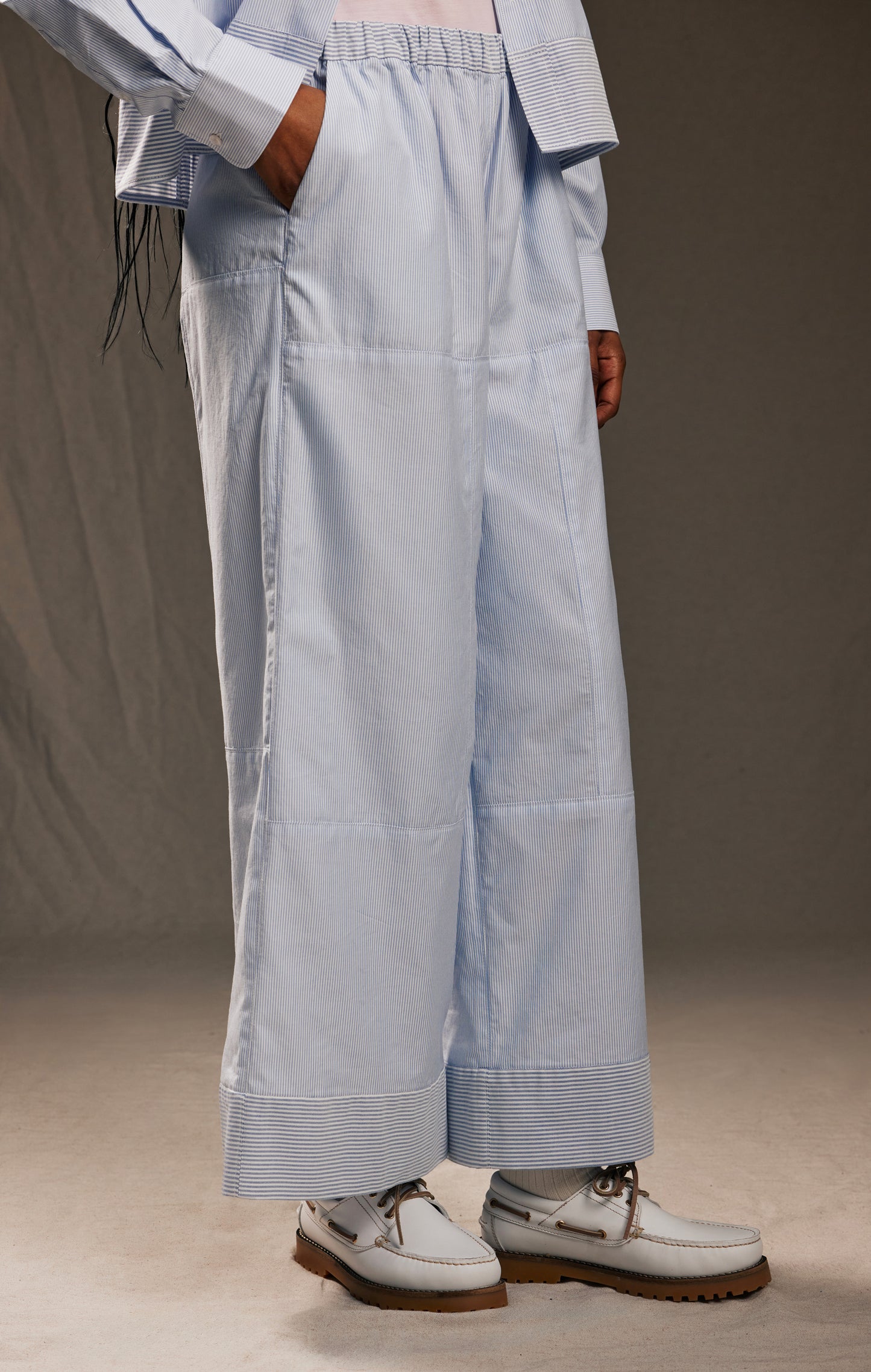 Pap'Atelier upcycled wide-leg trousers in sky blue and white striped cotton