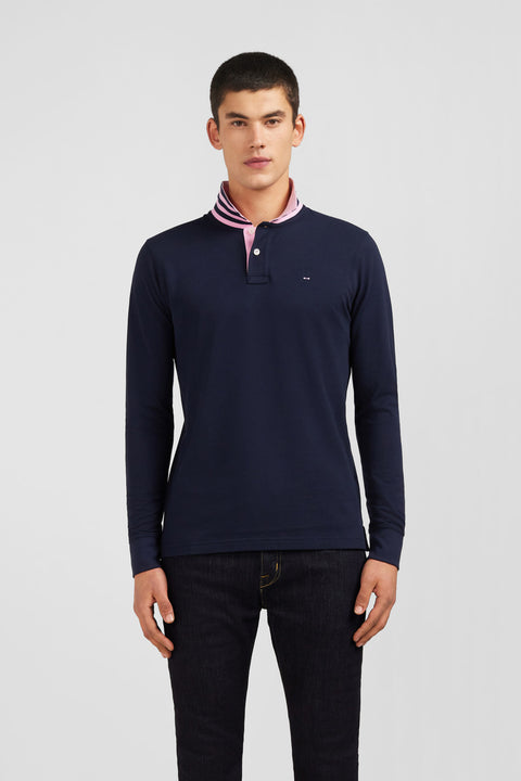 Polo manches longues bleu marine en coton avec col contrasté - Image 1