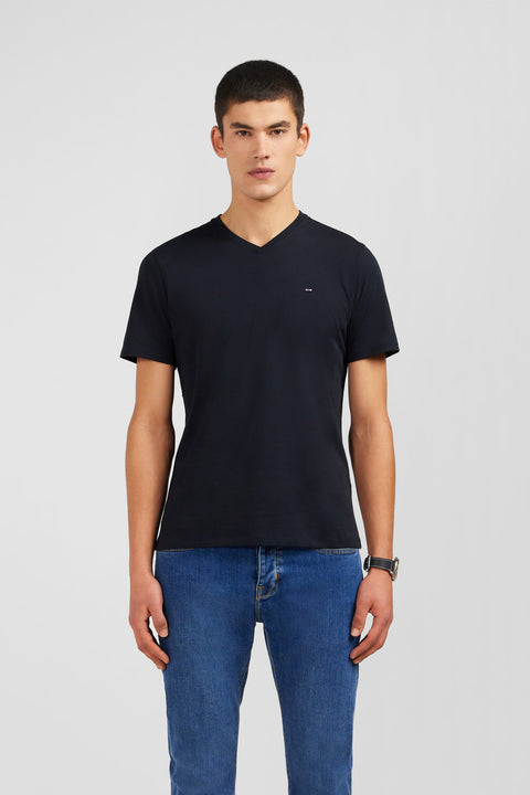 T-shirt noir col V à manches courtes - Image 1