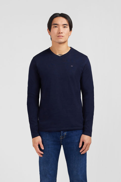 T-shirt bleu marine col V à manches longues - Image 1