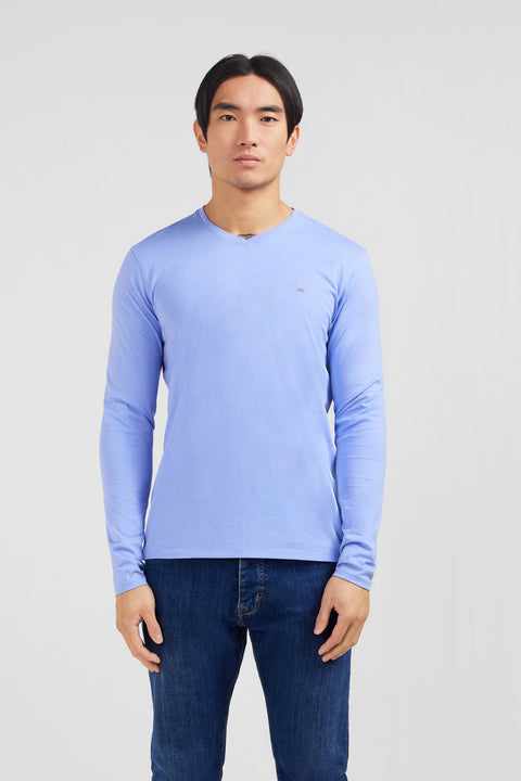 T-shirt bleu col V à manches longues - Image 1