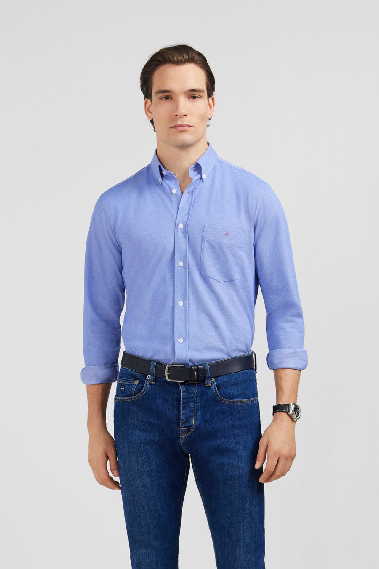 Chemise slim en coton pinpoint bleu