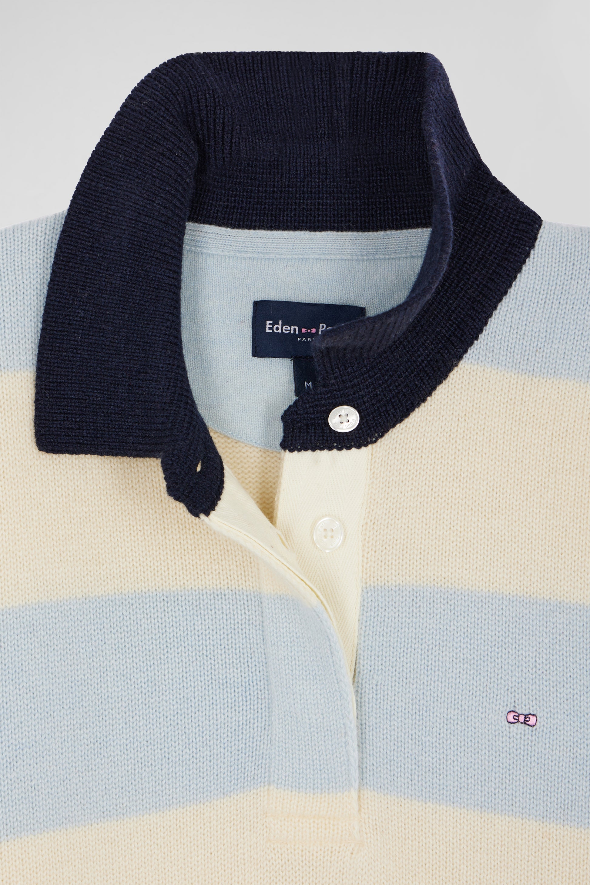 Pull col polo en laine et cachemire rayé bleu et écru