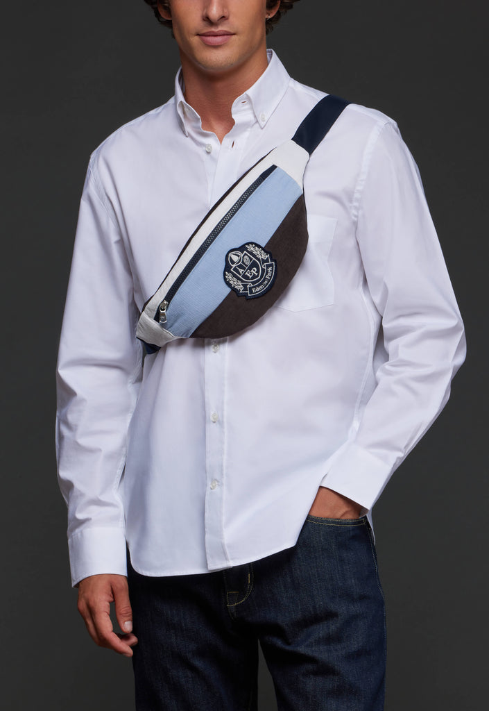 Blue striped velvet fanny pack and upcycled Pap'Atelier badge