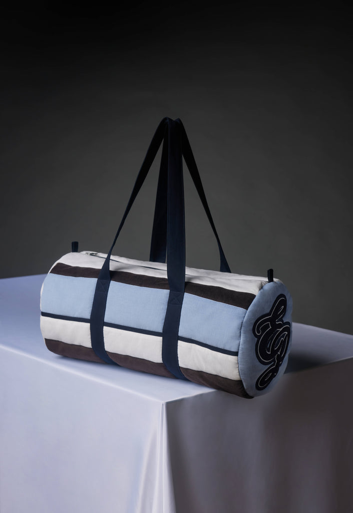 Upcycled blue striped velvet duffel bag Pap'Atelier